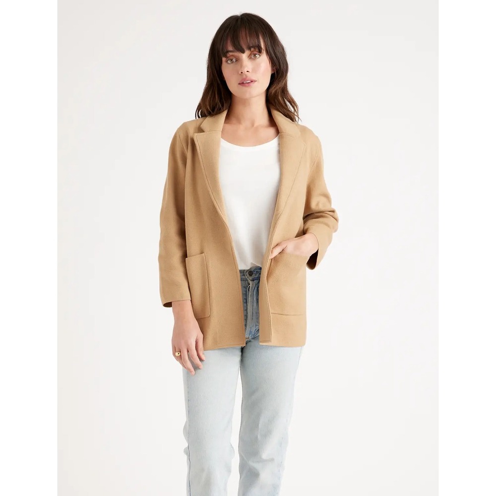 Quince 100% Organic Cotton‎ Knit Open Front Camel Sweater Blazer sz XL